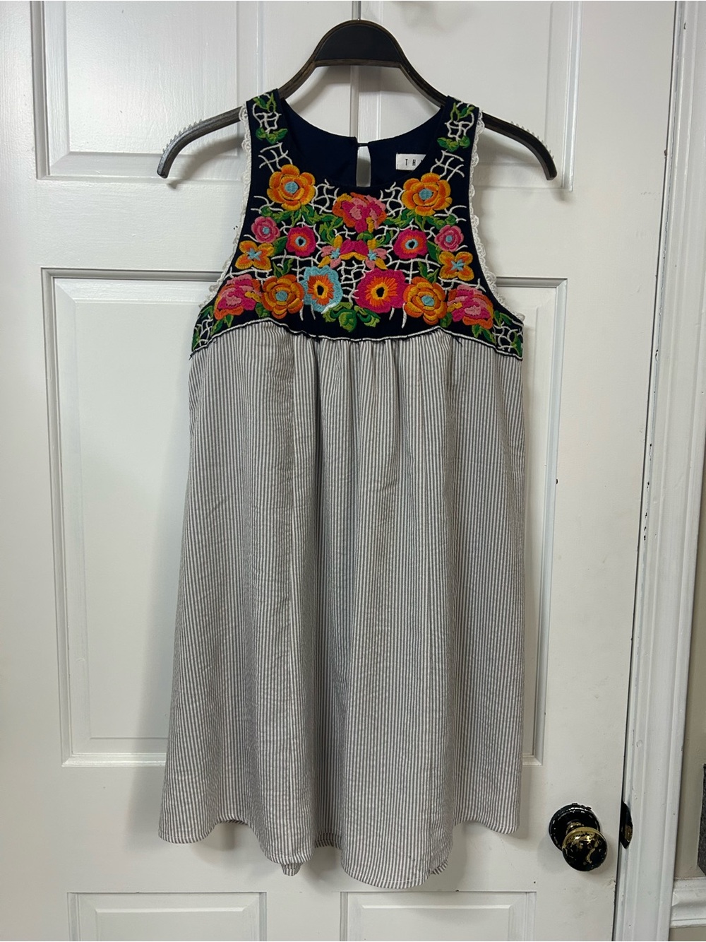 THML Navy Bodice Floral Embroidered Mini Dress with Striped Skirt